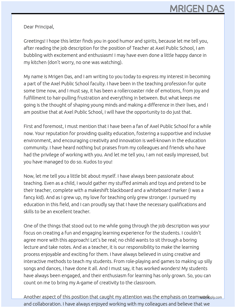 Teacher At Axel Public School Cover Letter