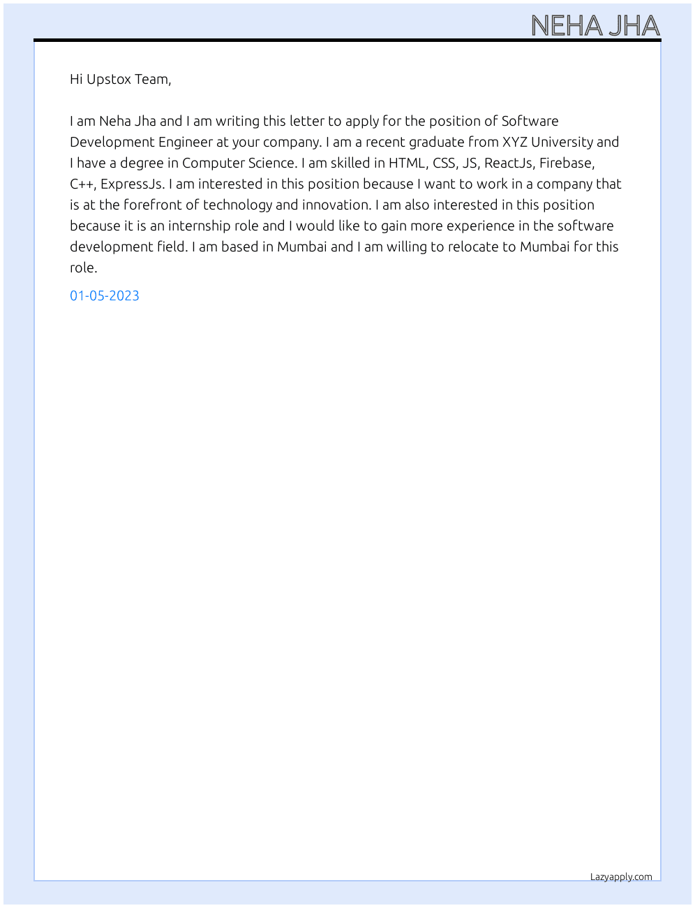 Software Development Engineer At Upstox  Cover Letter