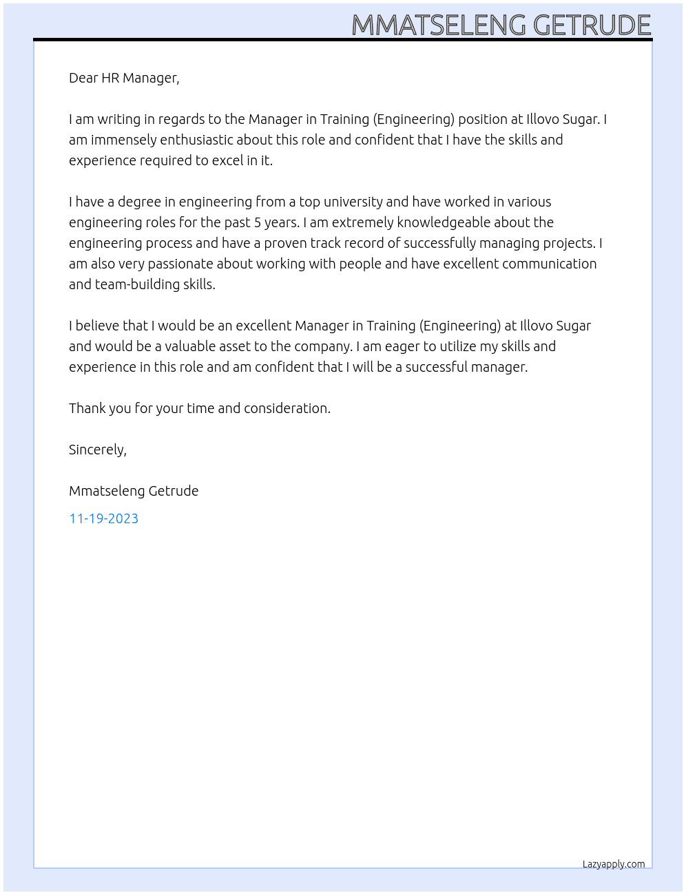 Manager in training (Engineering) At Illovo sugar  Cover Letter