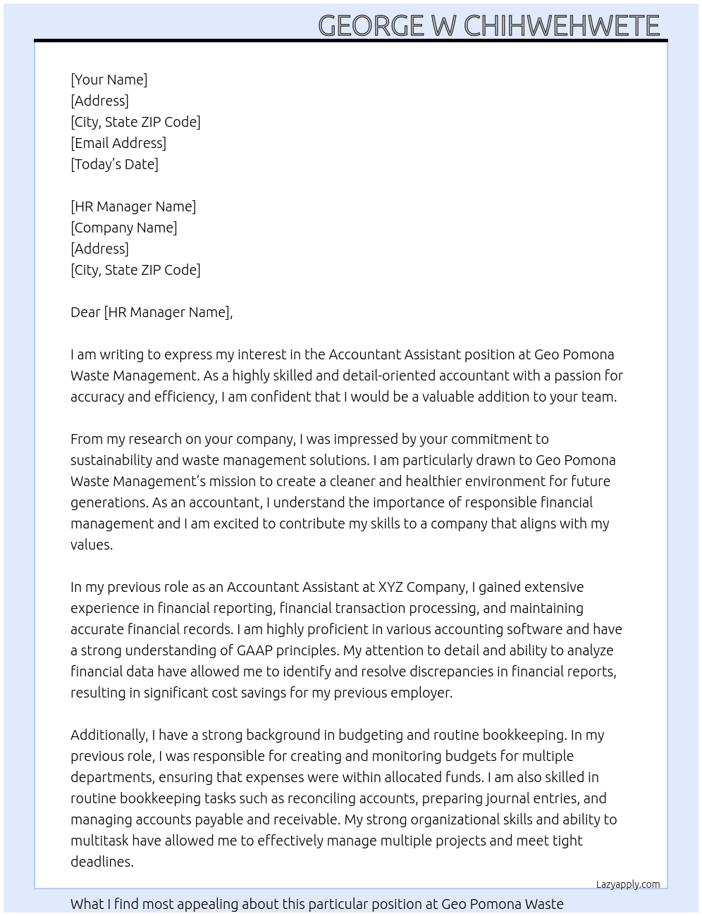 Accountant assistant  At Geo Pomona Waste Management  Cover Letter