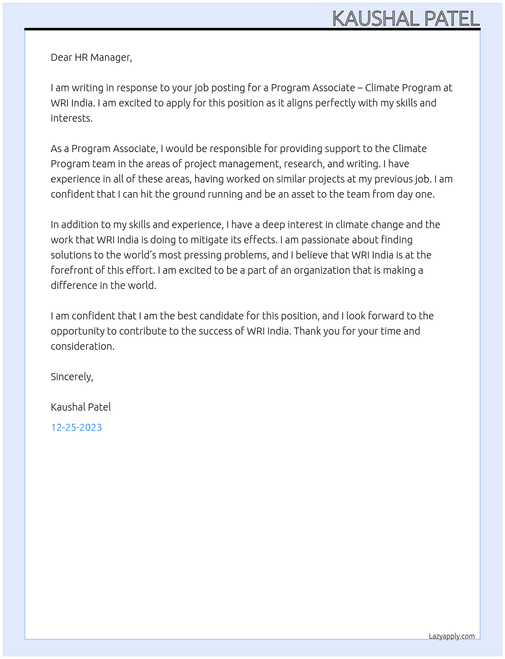 Program Associate – Climate Program At WRI India Cover Letter