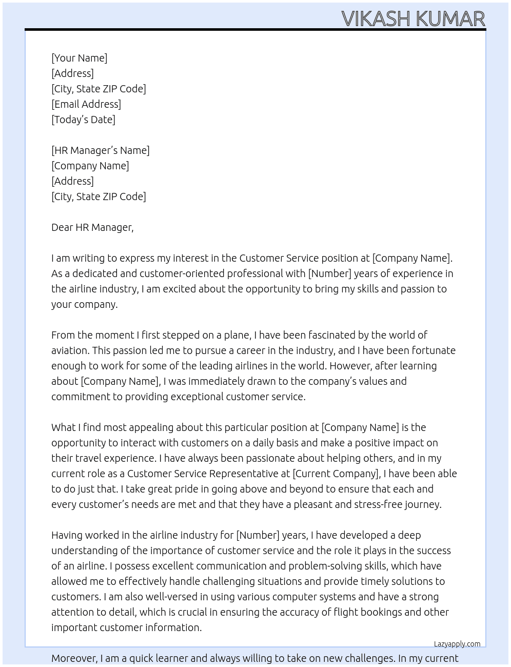 Customer Service  At Airlines  Cover Letter