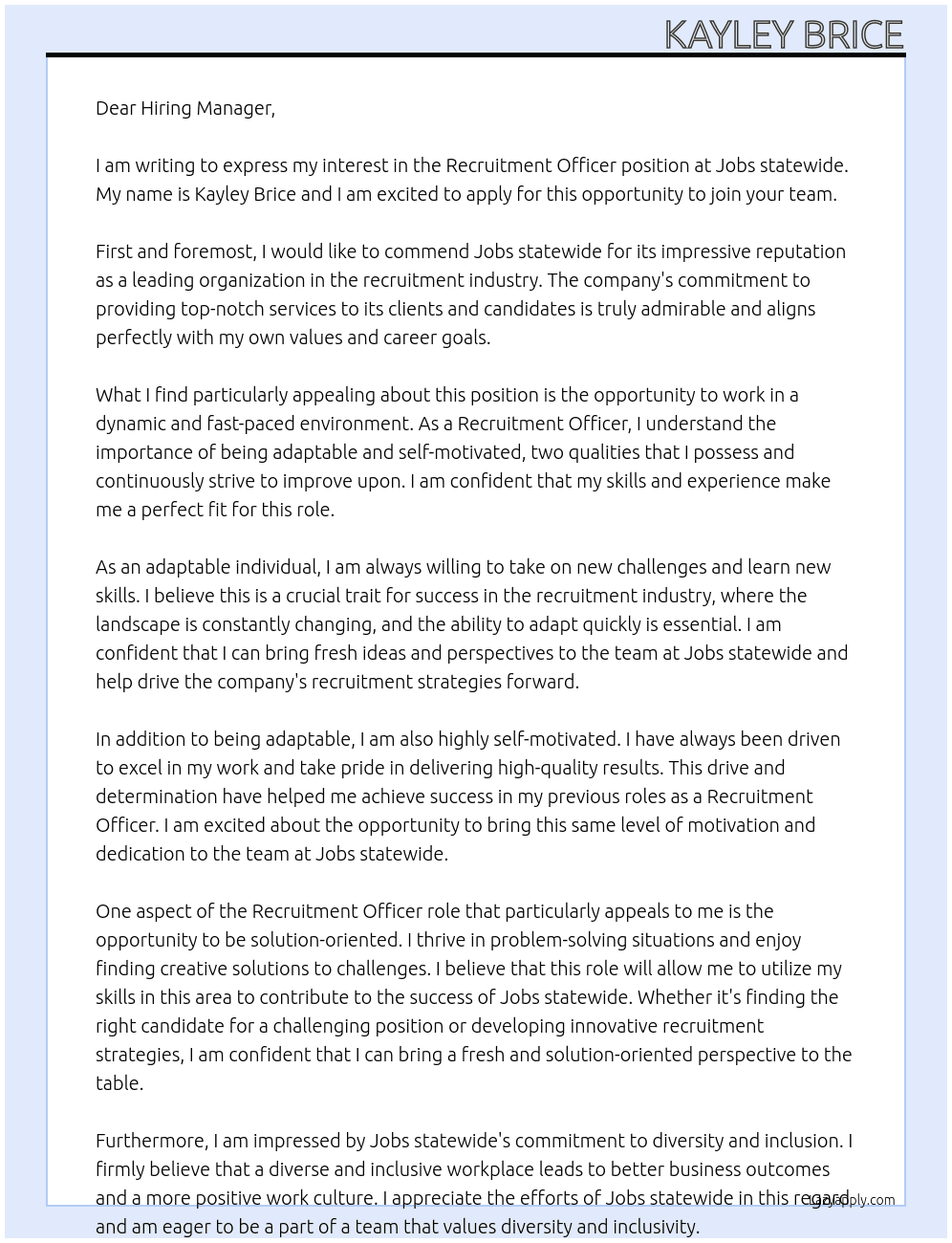 Recruitment officer At Jobs statewide Cover Letter