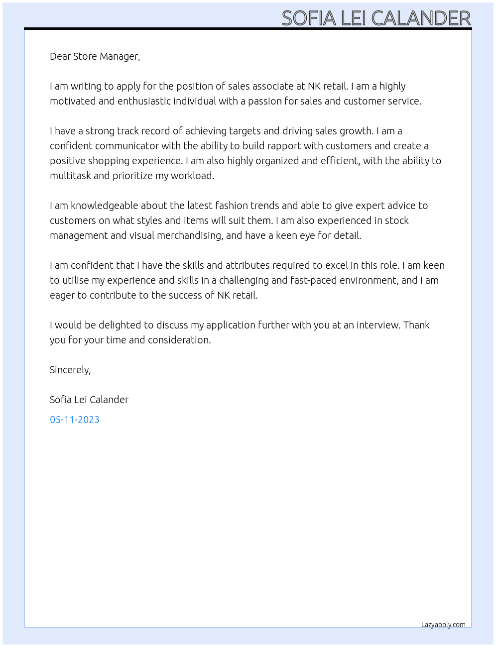sales associate At NK retail Cover Letter