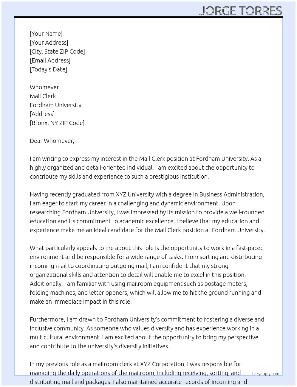 Mail Clerk At Fordham University Cover Letter