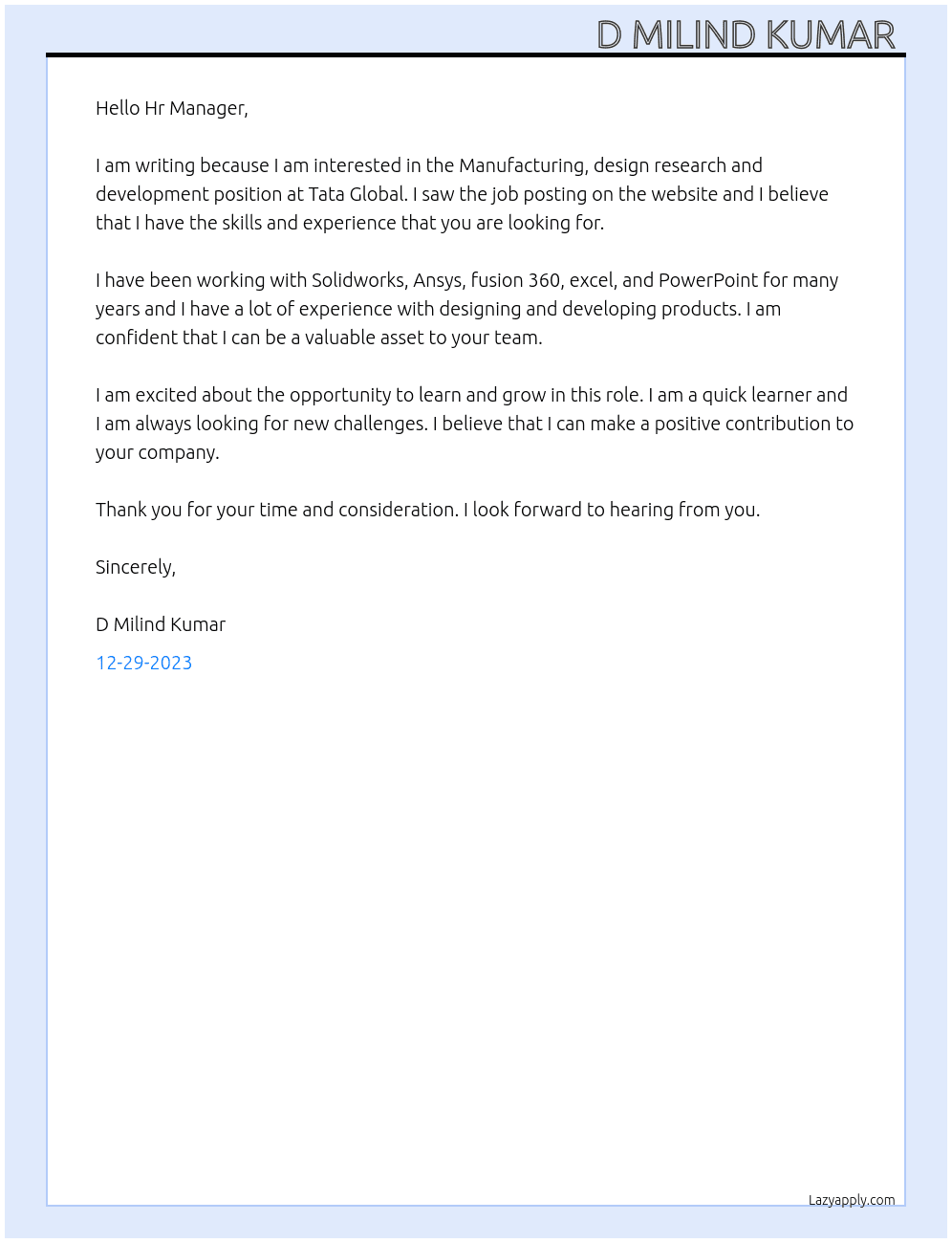 Manufacturing, design reasearch and development  At Tata Global Cover Letter