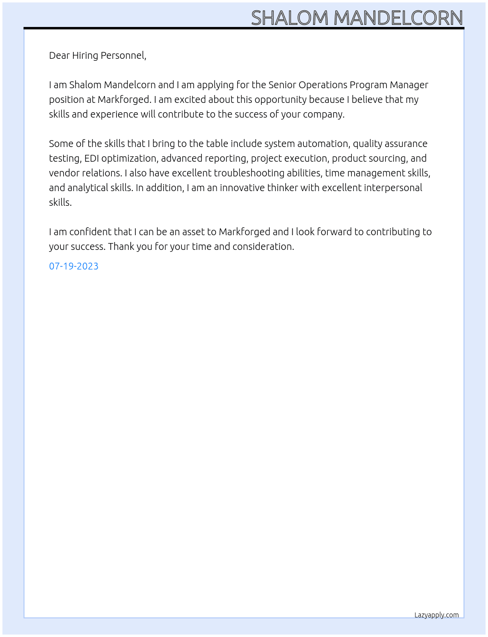 Senior Operations Program Manager At Markforged Cover Letter