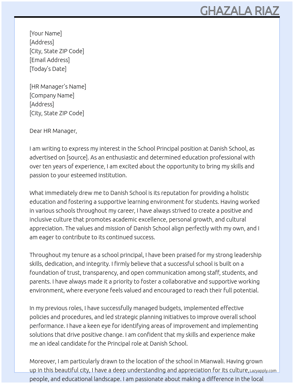 school principal  At Danish School Cover Letter