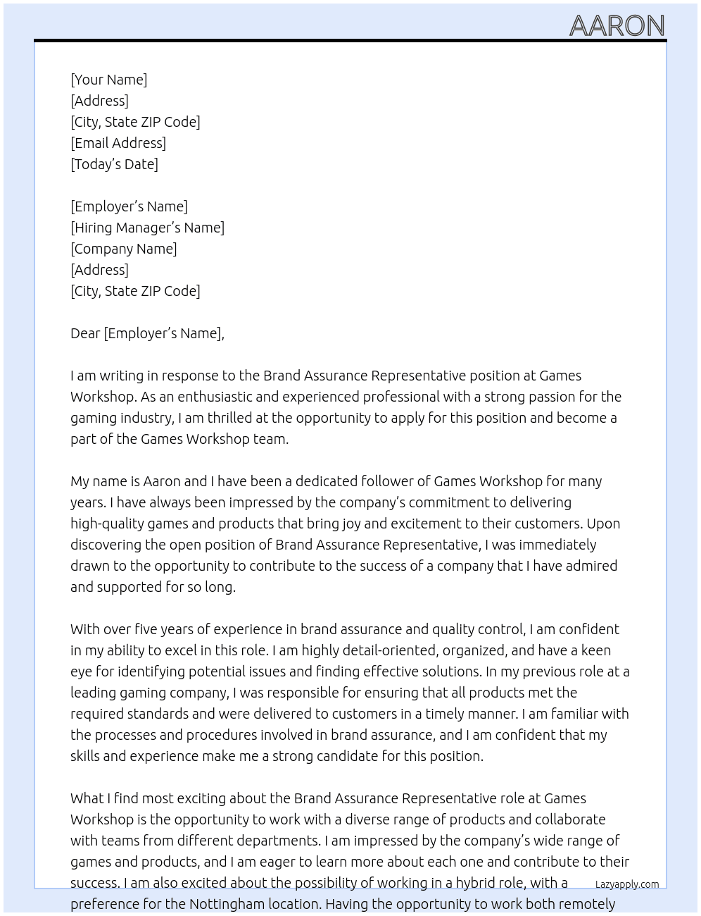 Brand Assurance Representative At games workshop Cover Letter