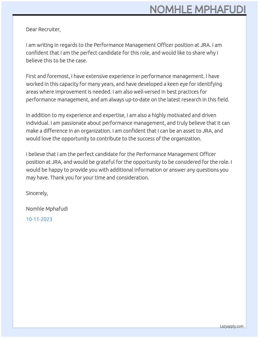 PERFORMANCE MANAGEMENT OFFICERS At JRA Cover Letter