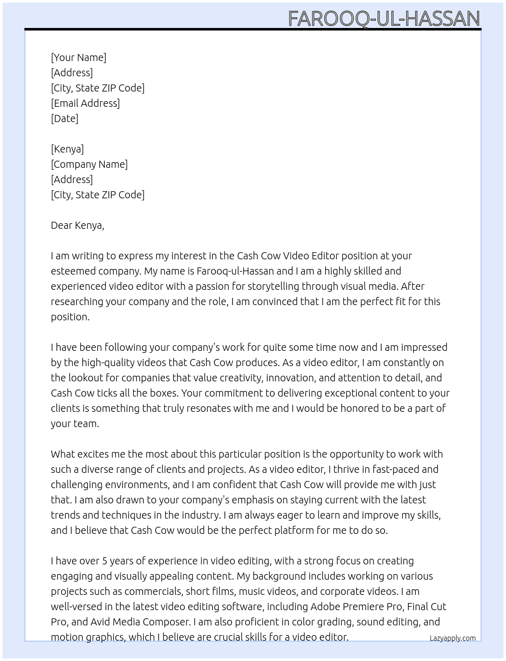 Cash Cow Video Editor At Kenya Cover Letter