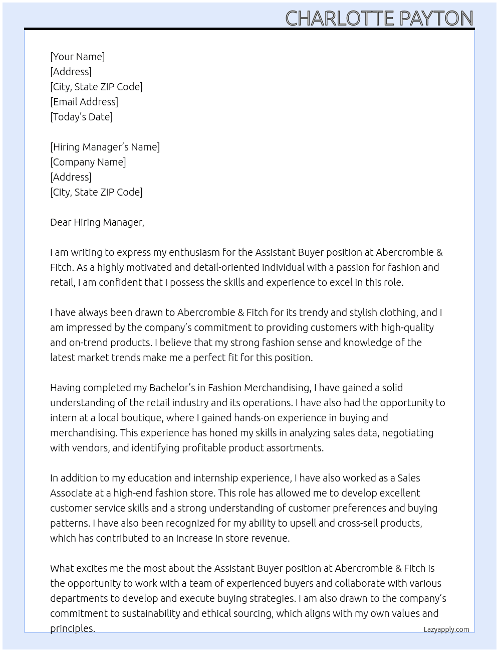 Assistant buyer At Abercrombie & Fitch Cover Letter