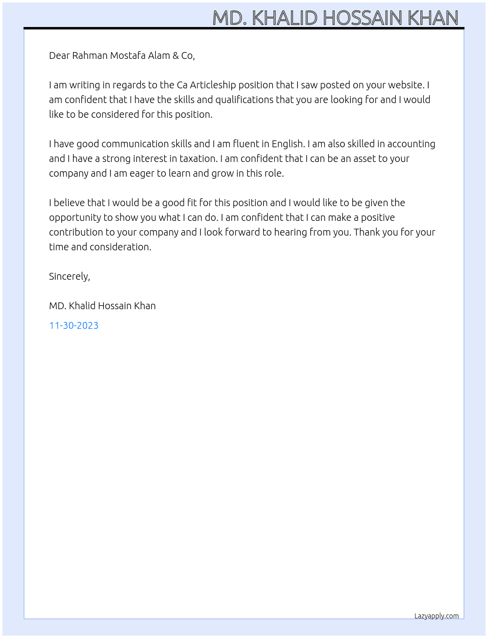 Ca Articleship  At rahman mostafa alam & co Cover Letter
