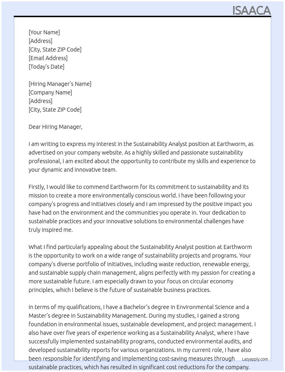 Sustainability Analyst At Earthworm  Cover Letter