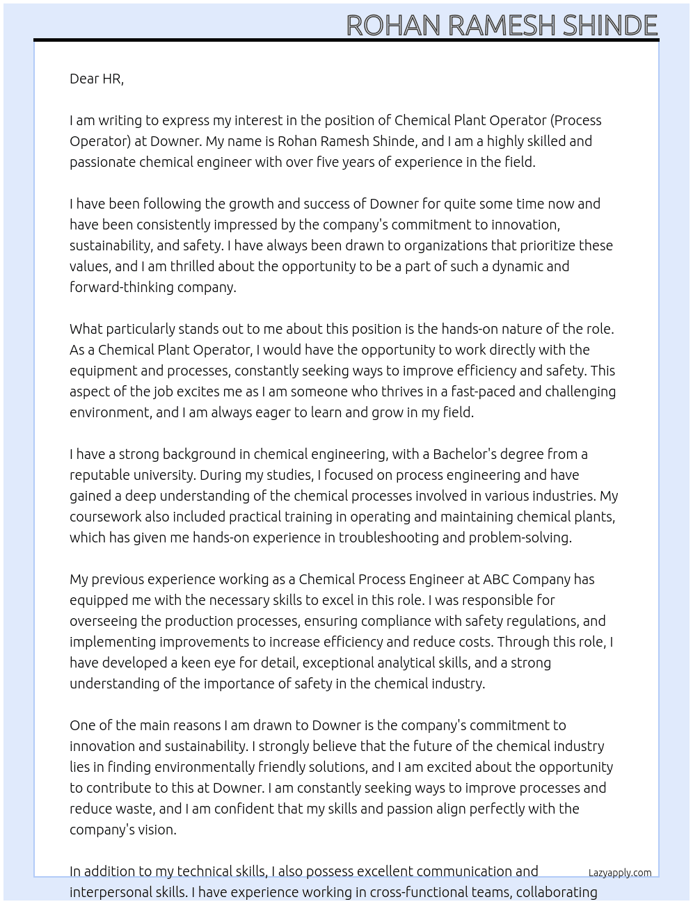 Chemical plant operator (Process Operator) At Downer Cover Letter