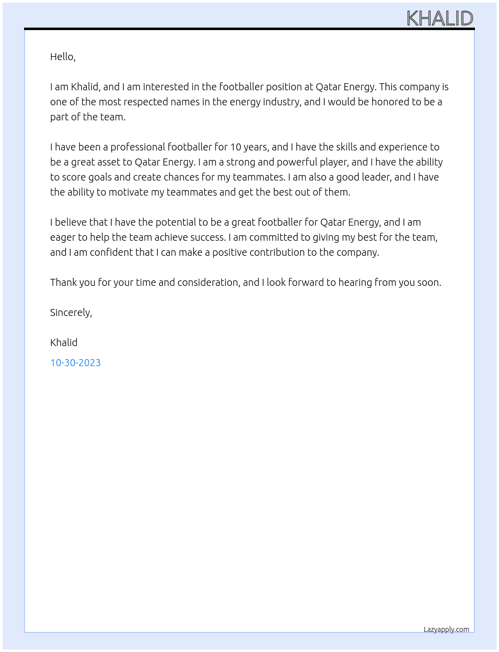 footballer At Qatar Energy Cover Letter