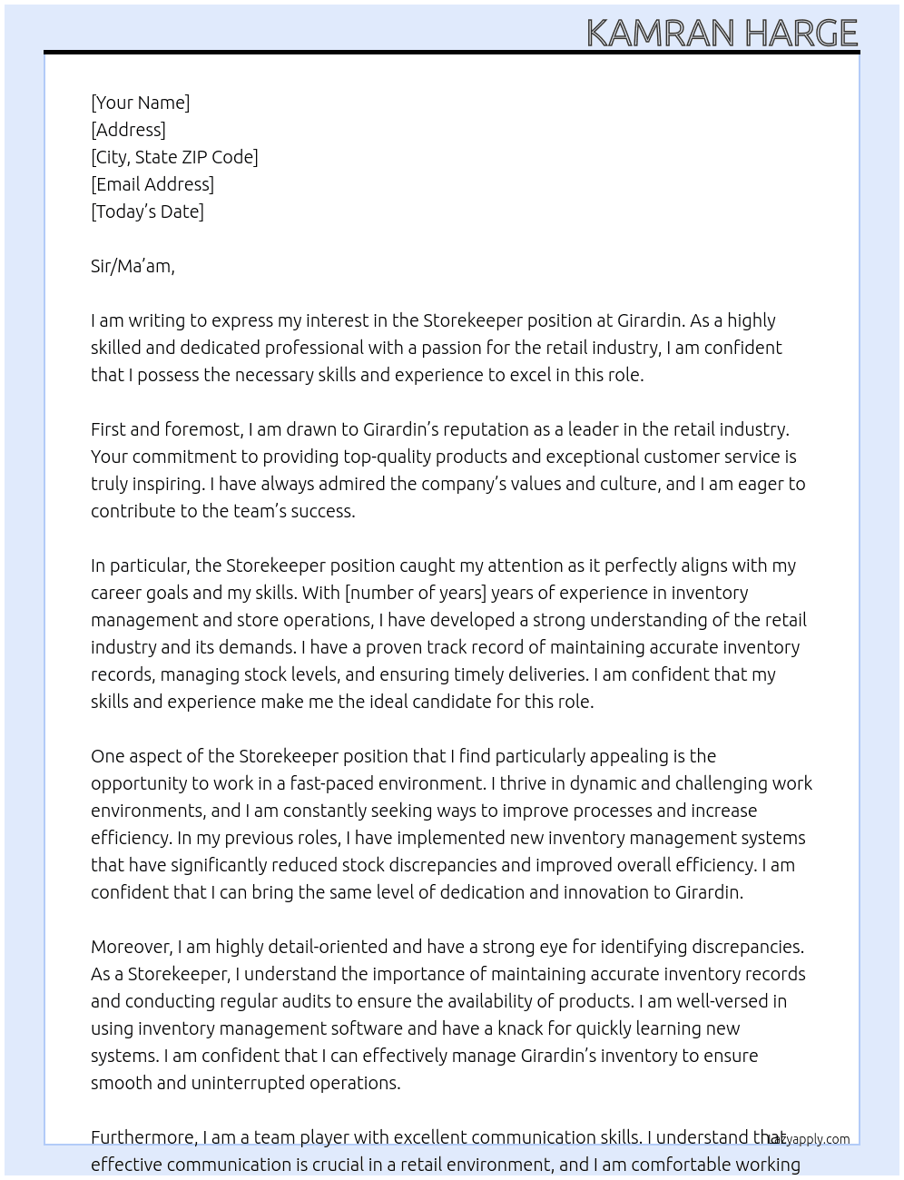 Storekeeper  At Girardin  Cover Letter