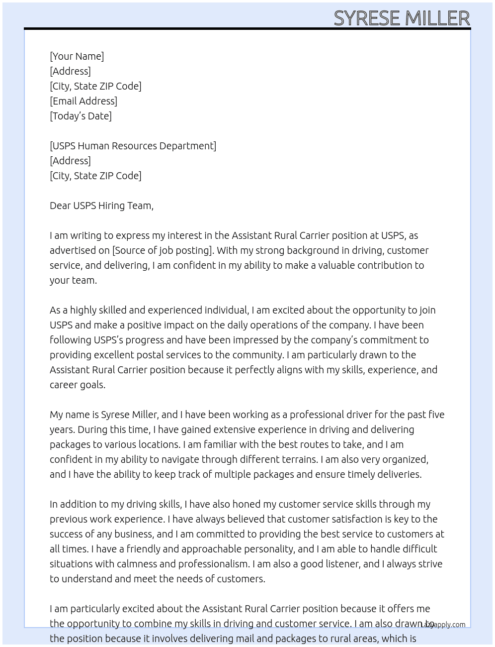 Cover letter for assistant rural carrier - LazyApply