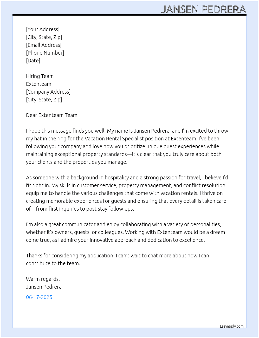 Vacation Rental Specialist At Extenteam Cover Letter