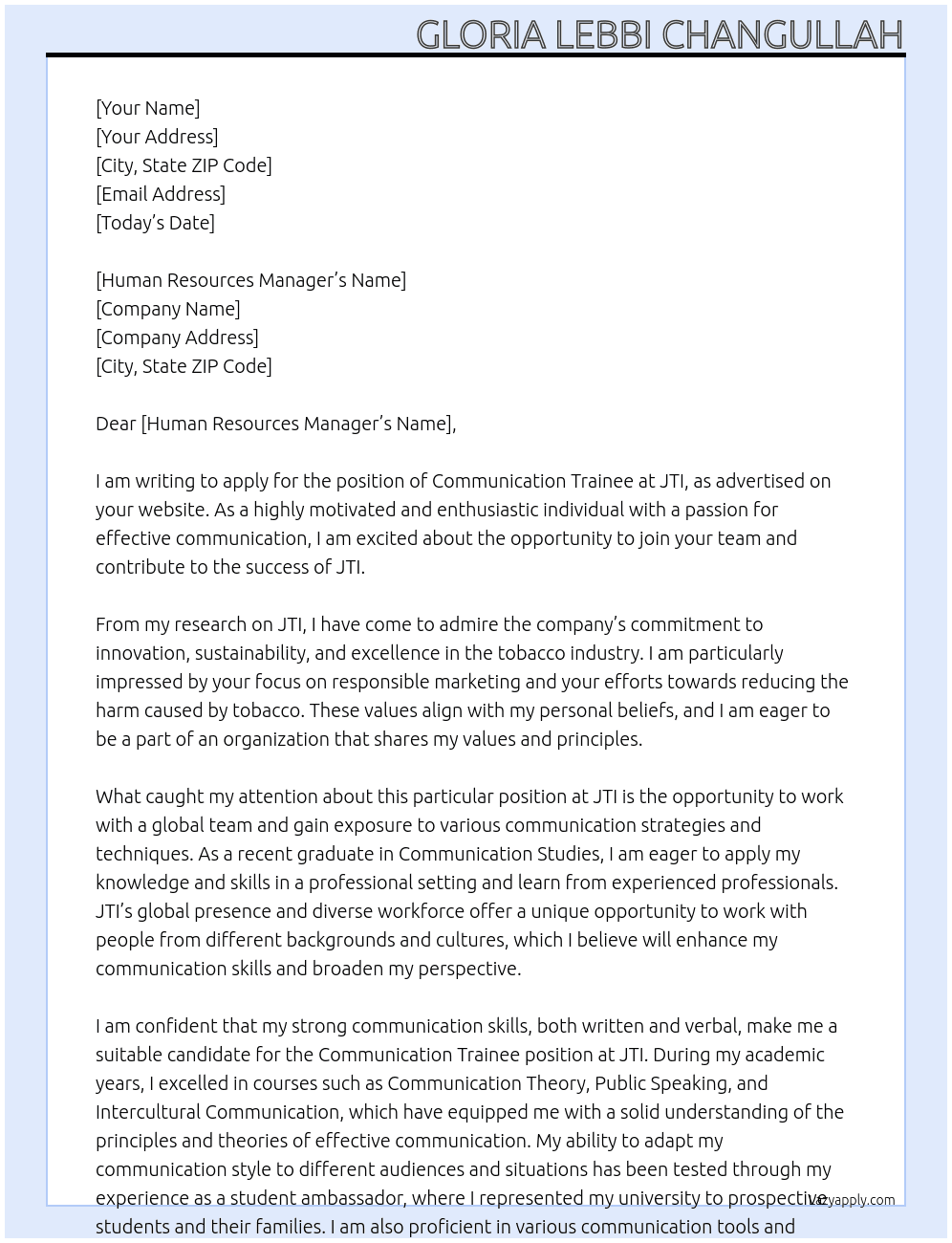Communication Trainee At JTI Cover Letter