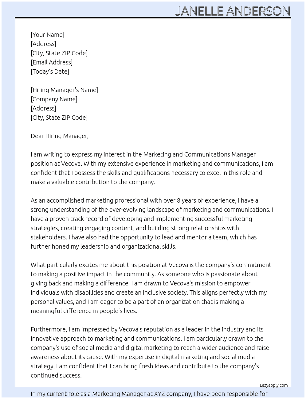 Cover letter for marketing and communcations manager - LazyApply