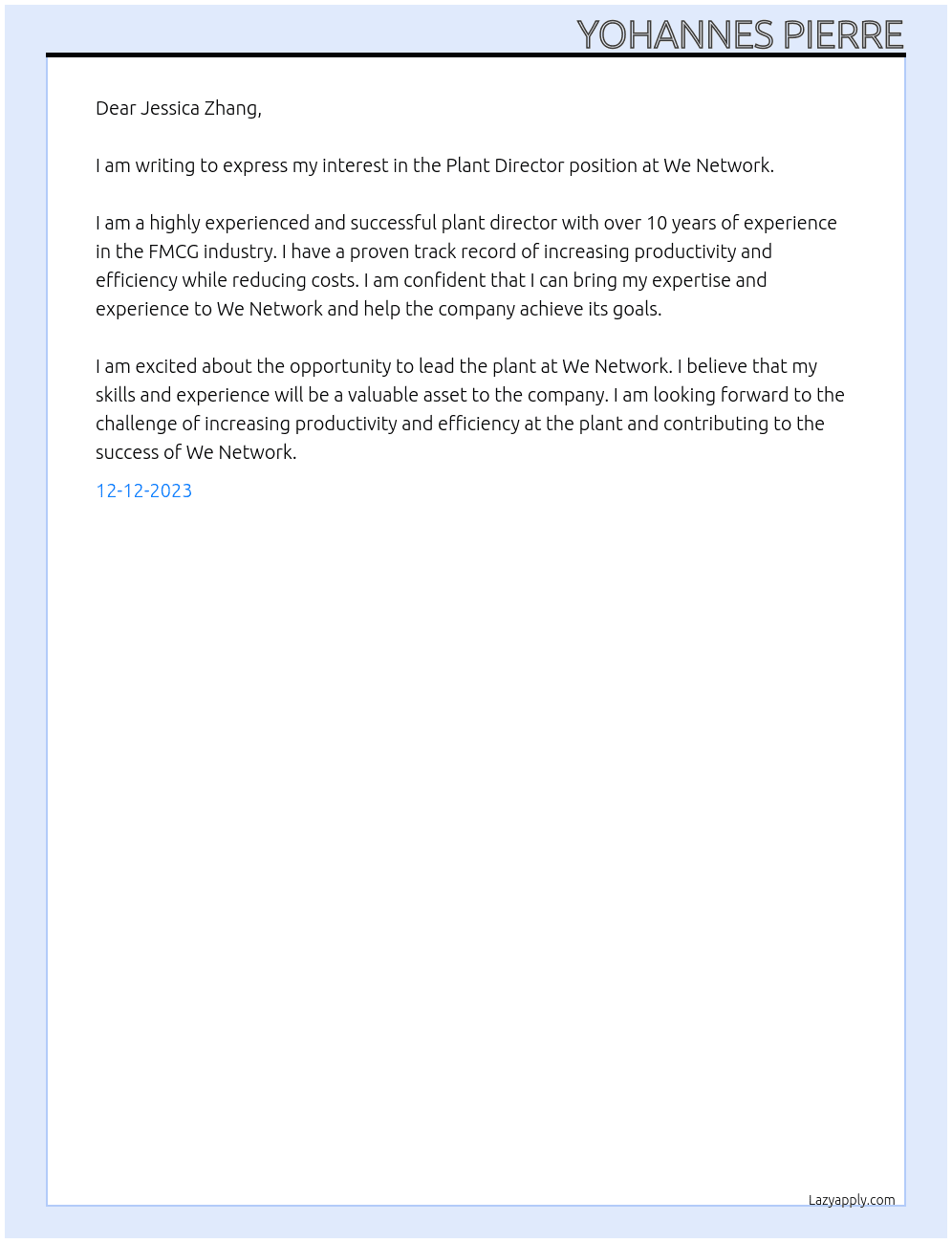 Plant Director FMCG At We Network Cover Letter