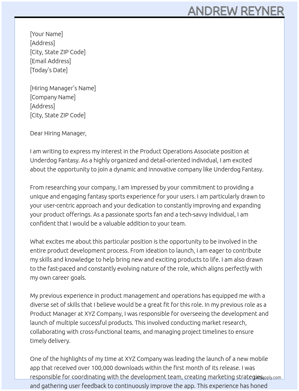 Product Operations Associate At Underdog Fantasy Cover Letter
