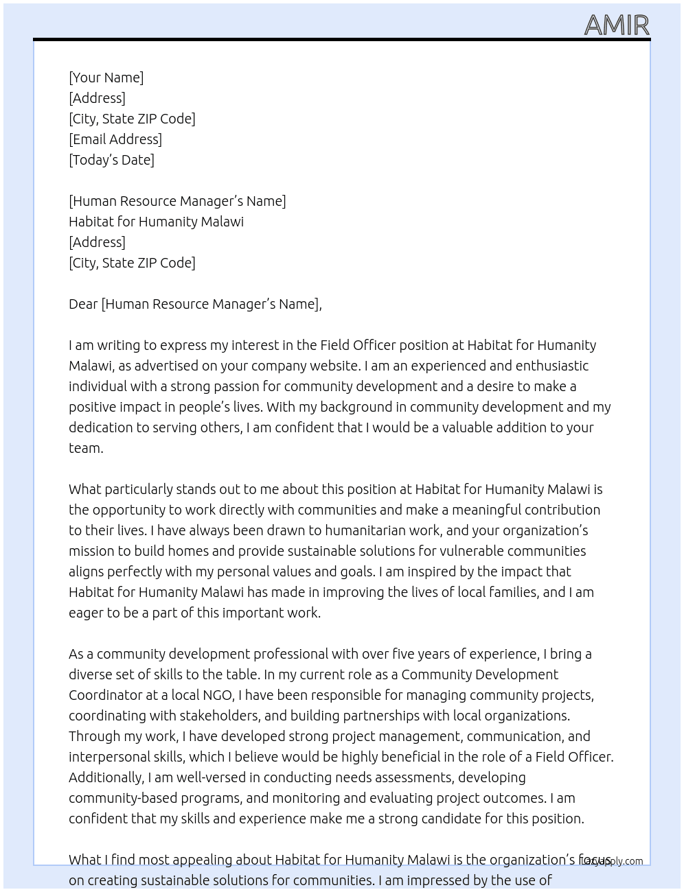 Field Officer  At Habitat for Humanity Malawi Cover Letter
