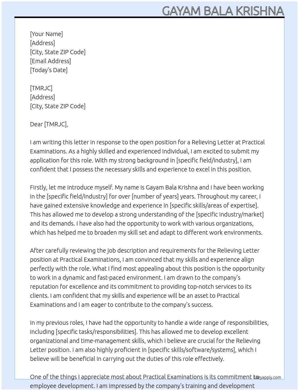 Relieving letter At PRACTICAL EXAMINATIONS Cover Letter