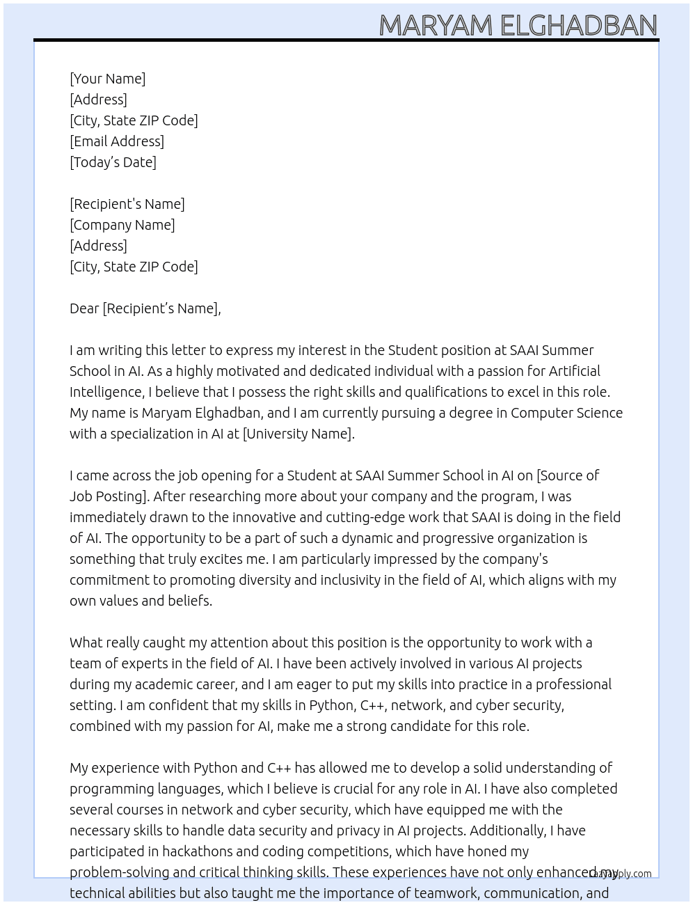 Student  At SAAI summer school in AI Cover Letter