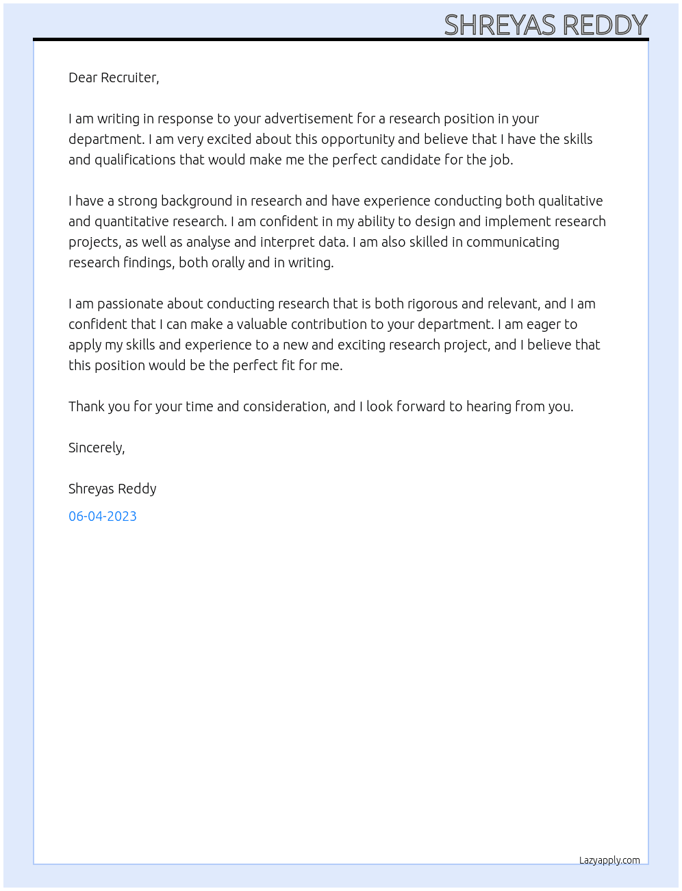 research position At your department Cover Letter