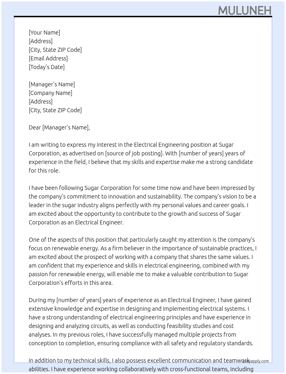 Electrical engineering At Sugar corporation Cover Letter