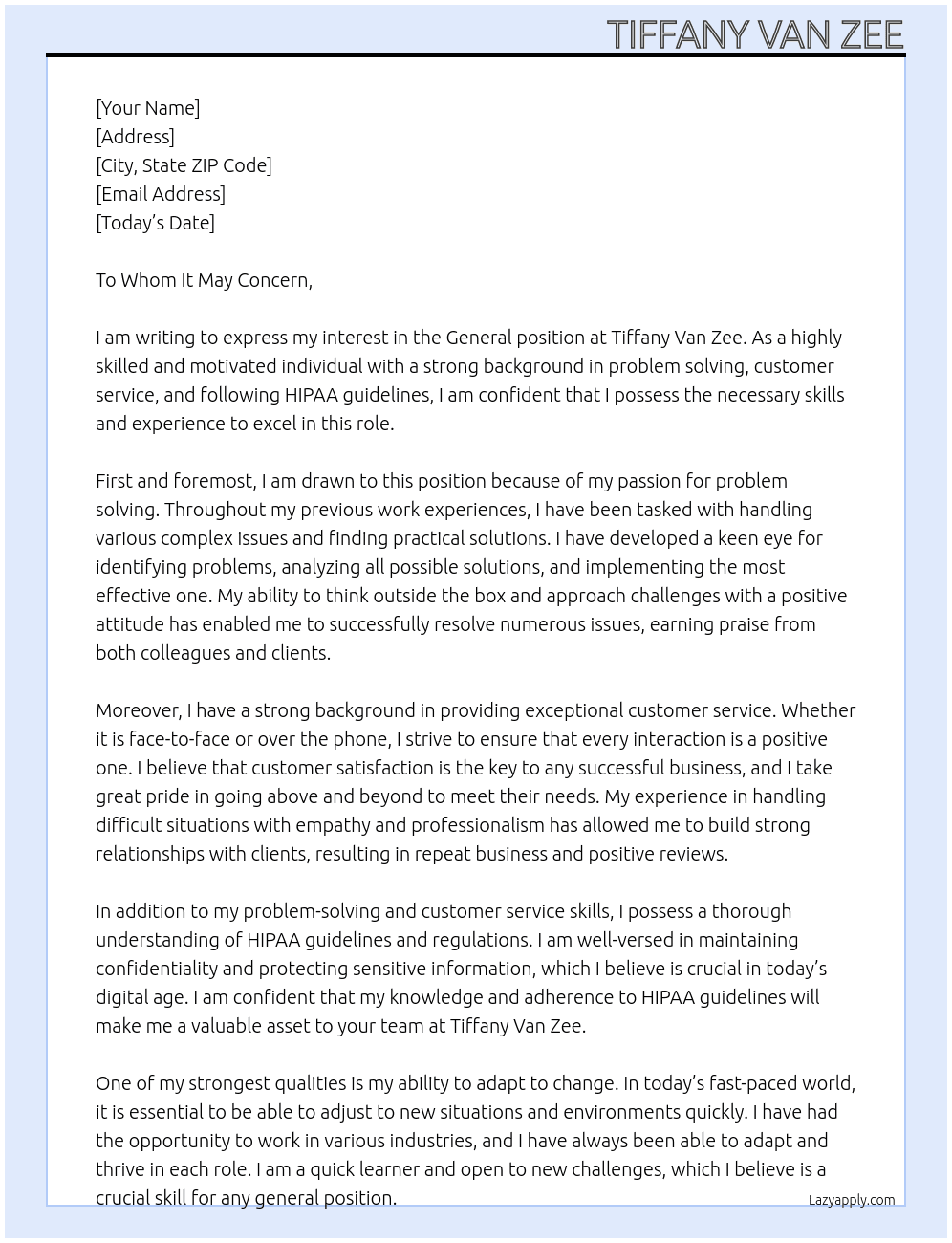 general At TIFFANY VAN ZEE Cover Letter