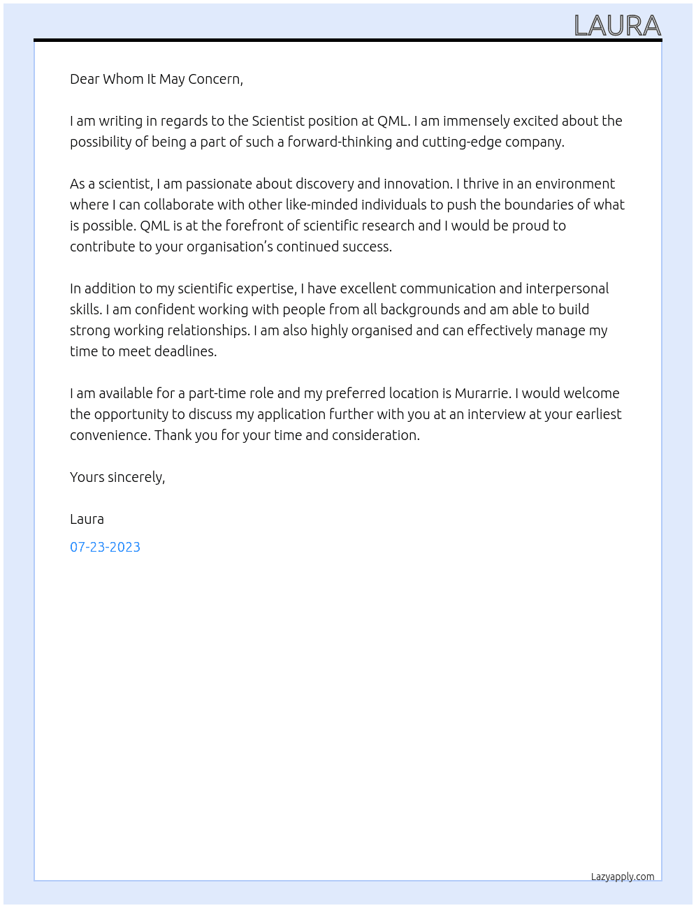 Scientist At QML Cover Letter