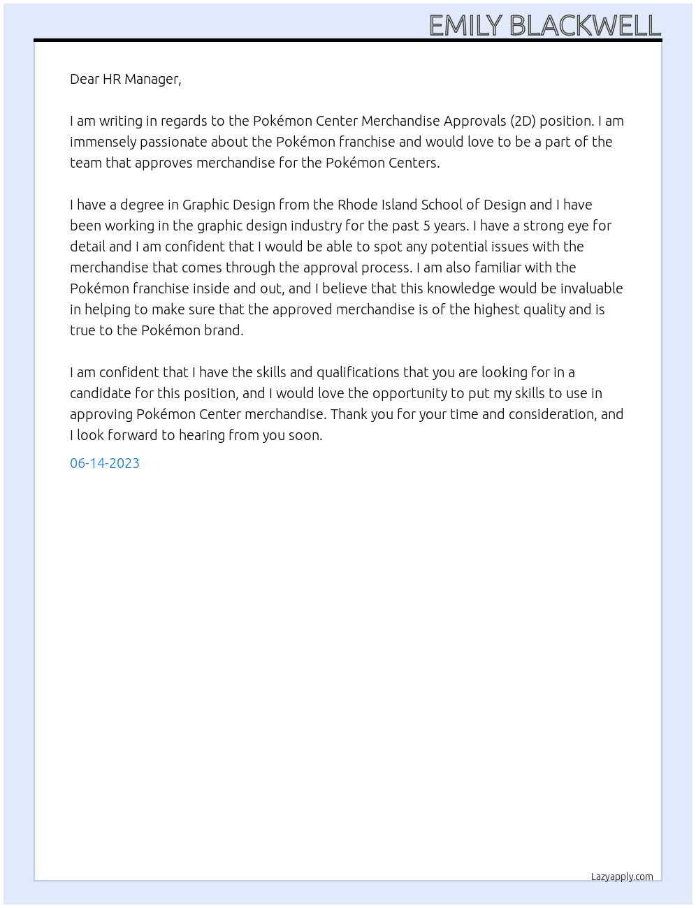 Pokémon Center Merchandise Approvals (2D) At Pokémon Cover Letter