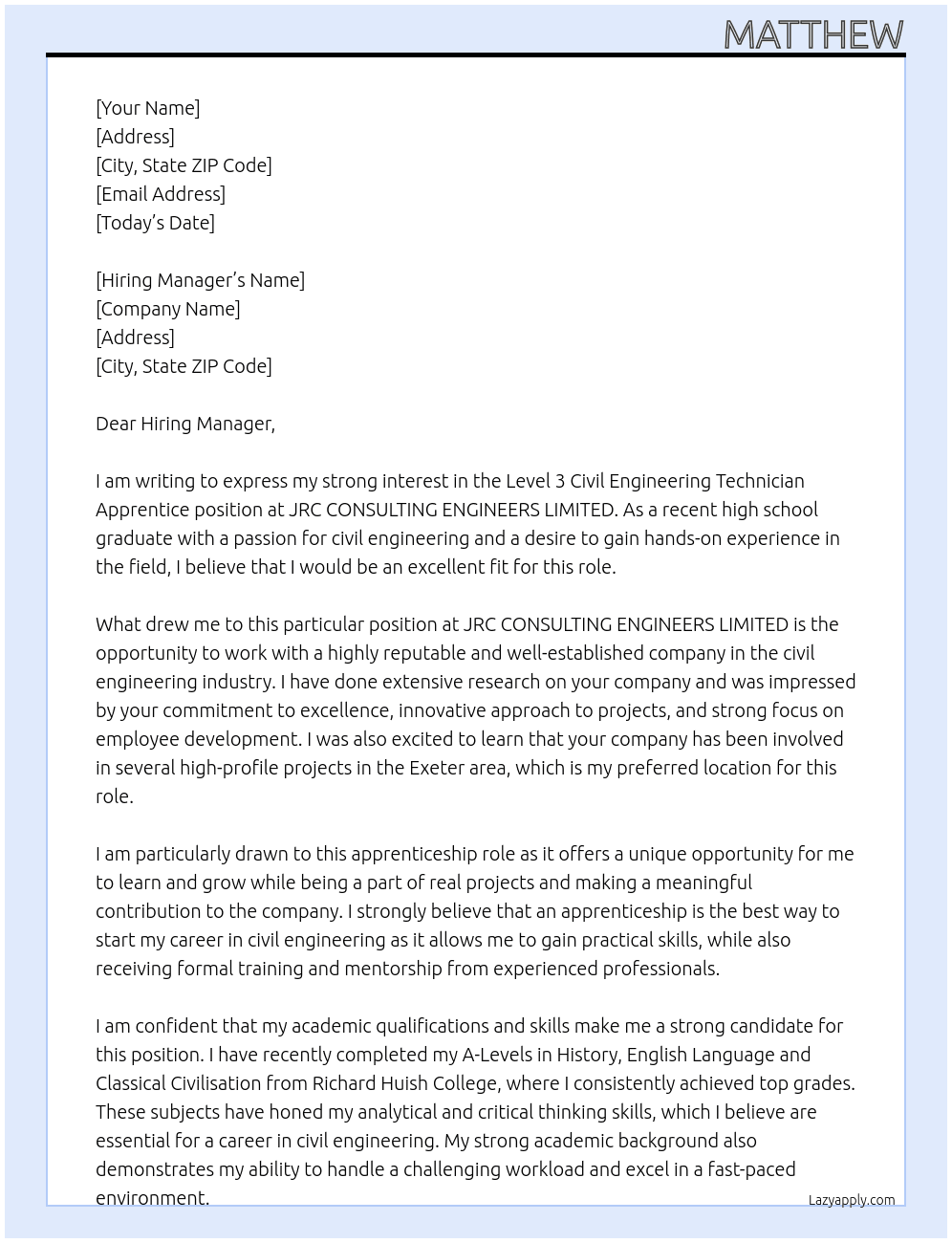 Level 3 Civil Engineering Technician Apprentice At JRC CONSULTING ENGINEERS LIMITED Cover Letter
