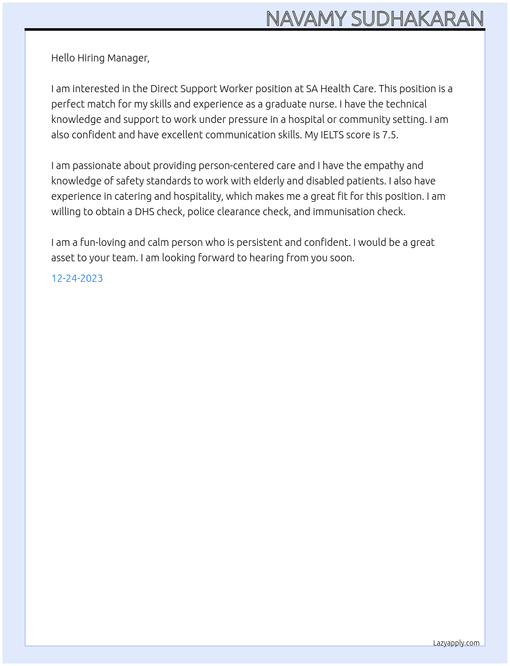 Direct support worker At SA Health Care Cover Letter