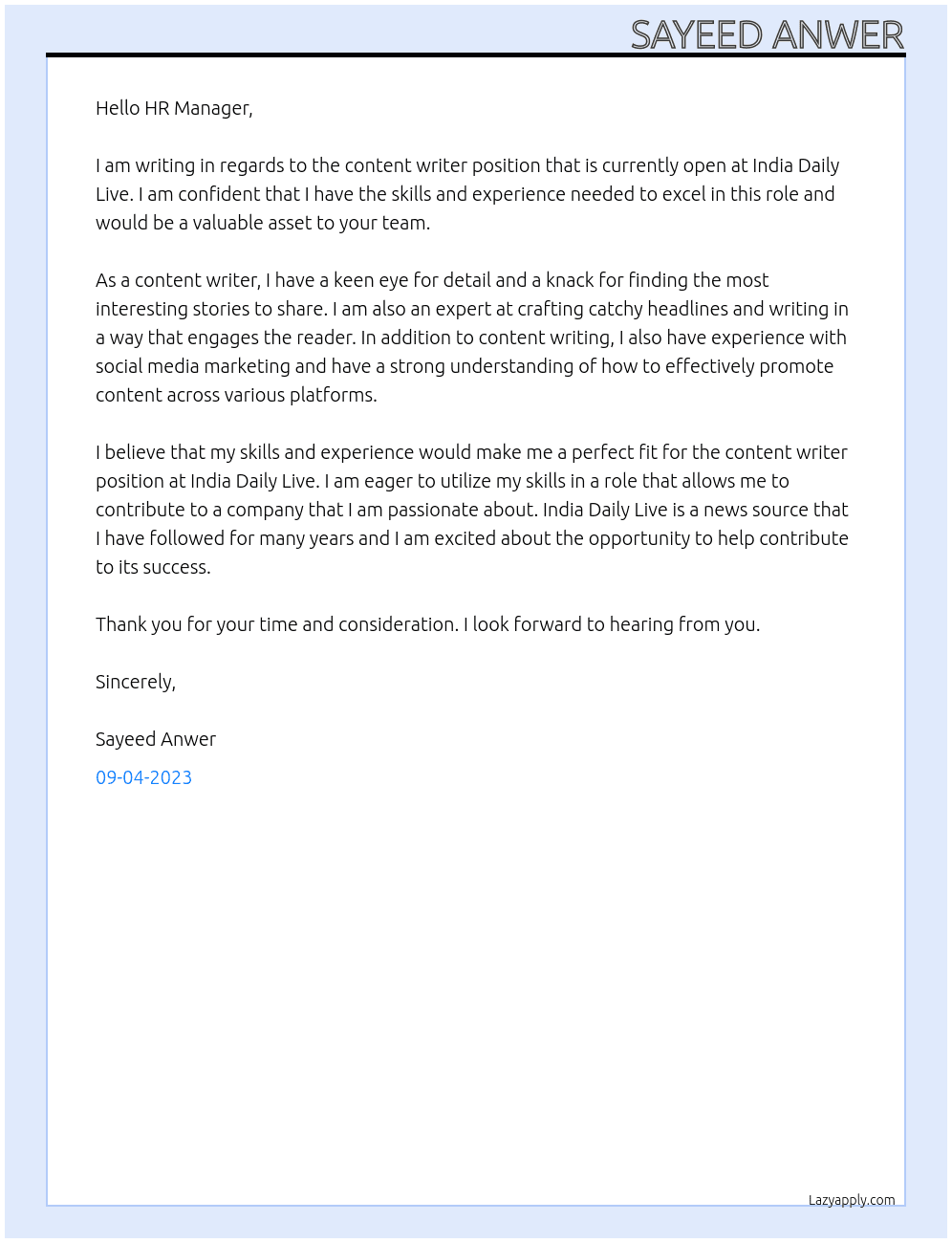 Content Writer At India Daily Live Cover Letter