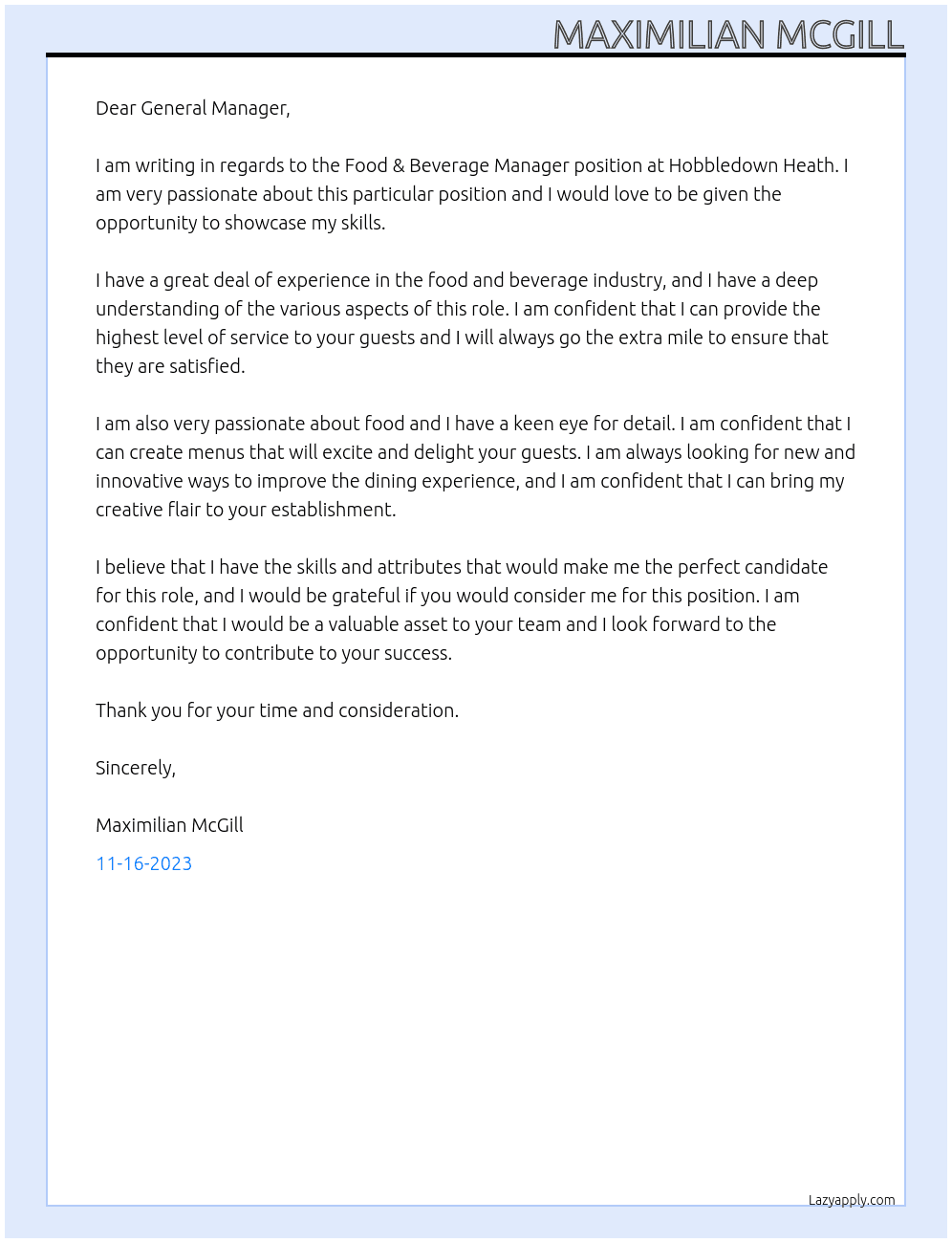 Food & Beverage Manager At Hobbledown Heath Cover Letter