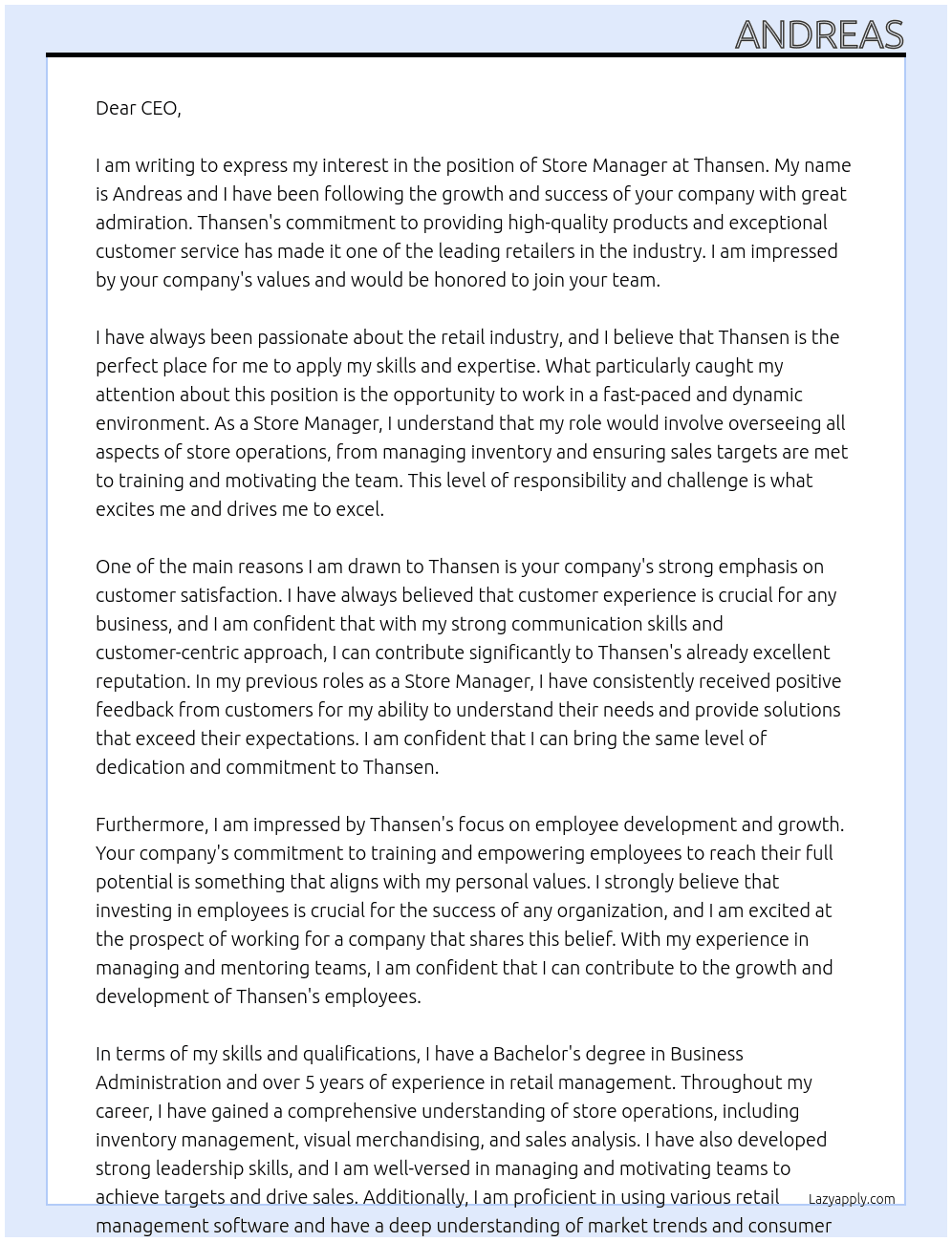 Store manager  At Thansen Cover Letter