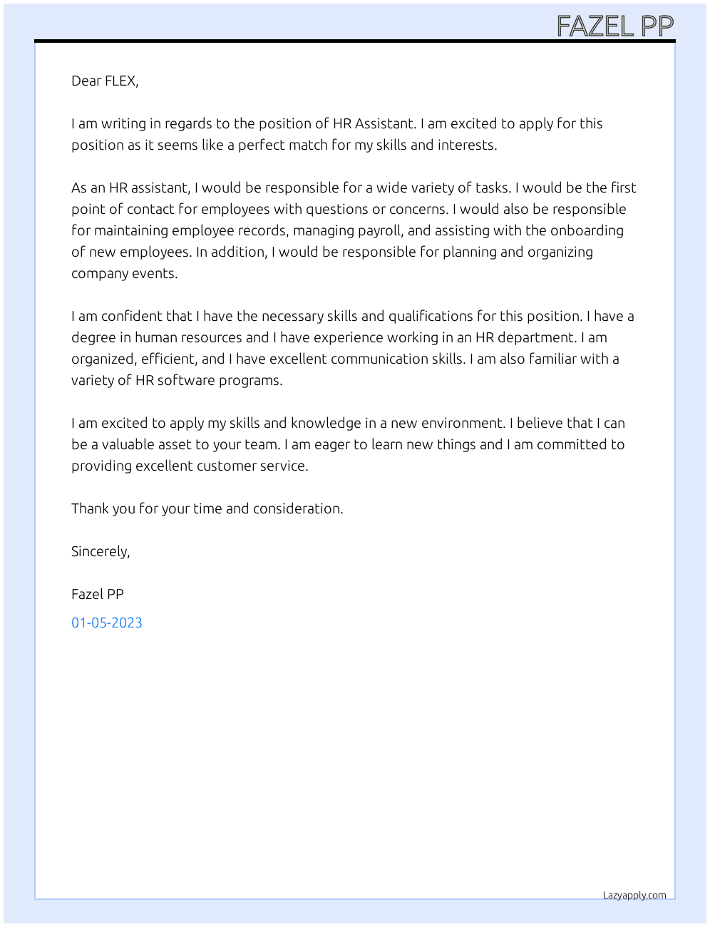 HR Assistant  At FLEX Cover Letter