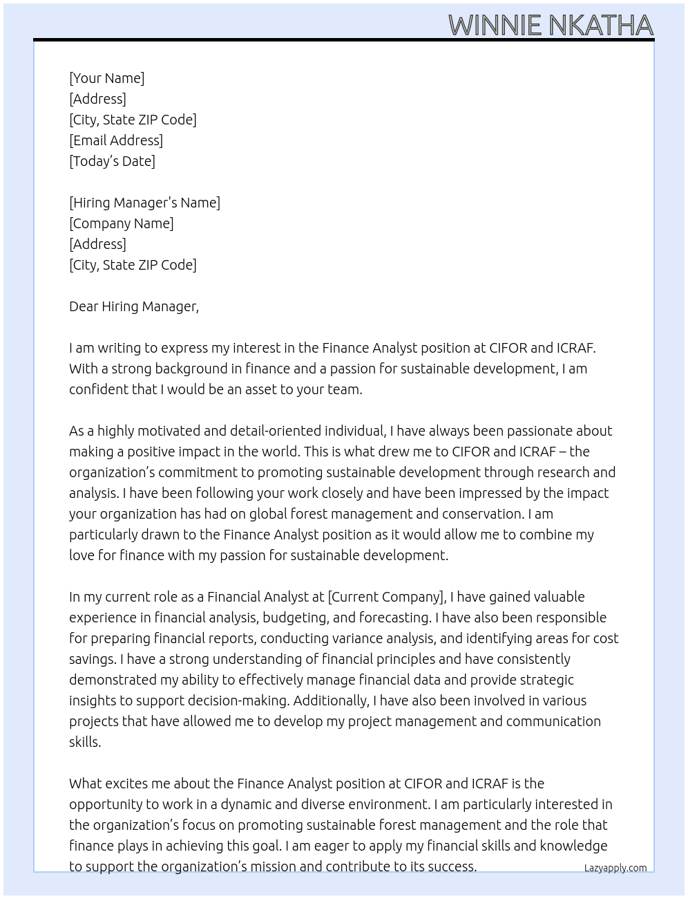 Finance analyst At CIFOR and ICRAF Cover Letter