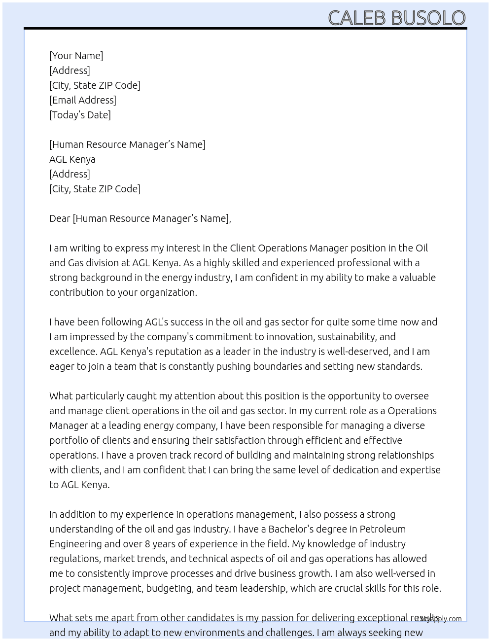 client operations manager - oil and gas At AGL Kenya Cover Letter