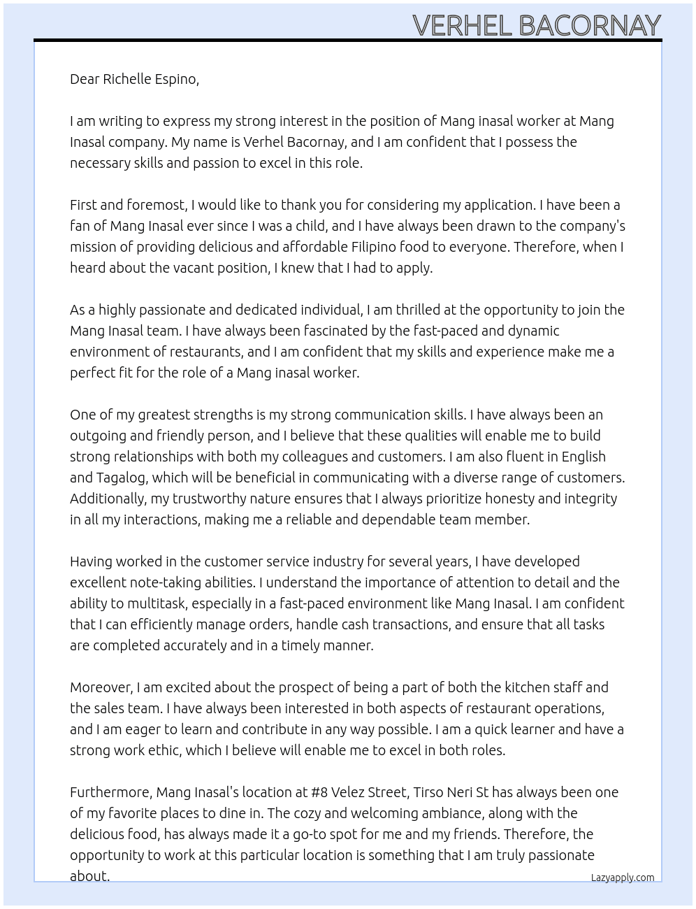 Mang inasal worker At Mang Inasal company Cover Letter