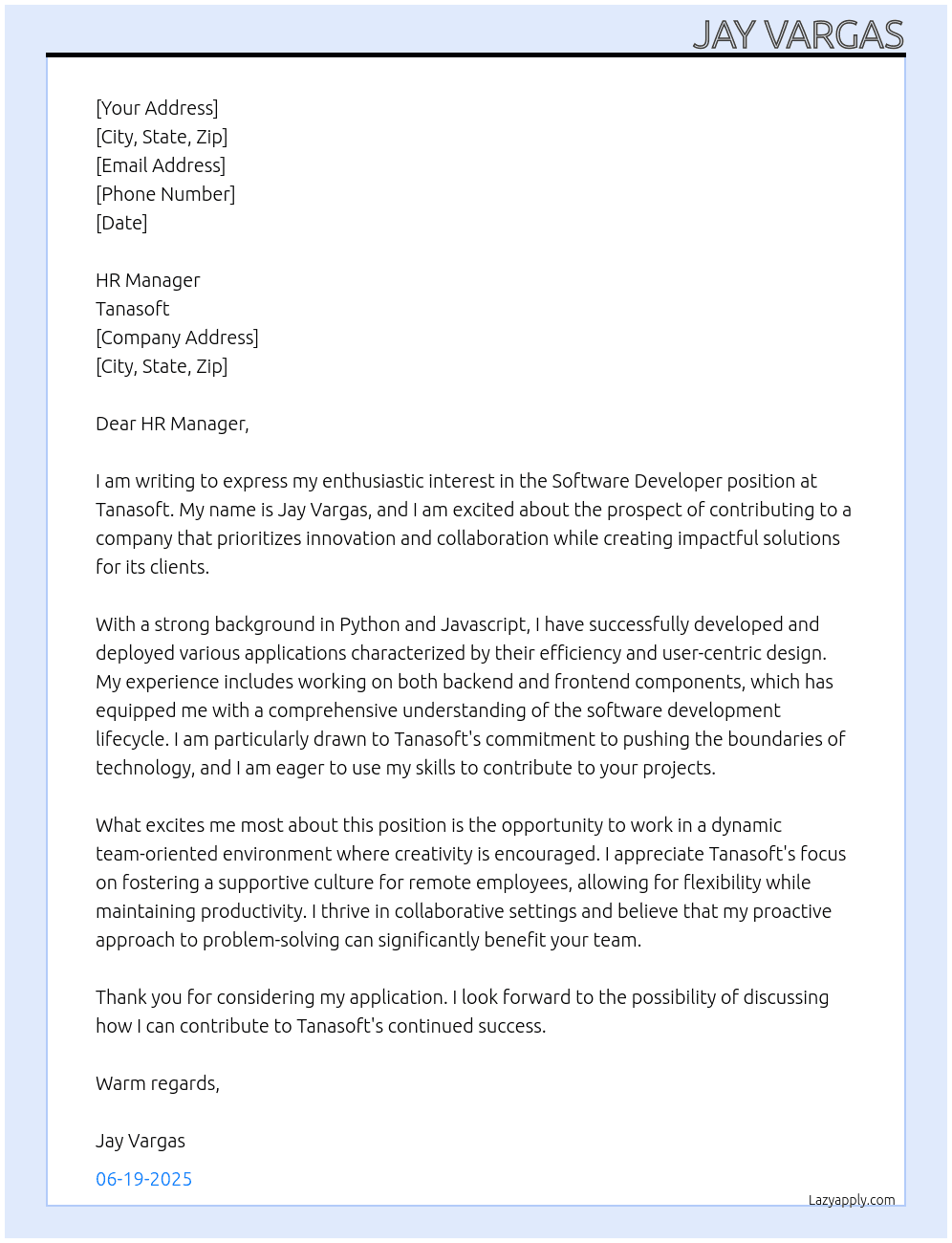 Software Developer At Tanasoft Cover Letter
