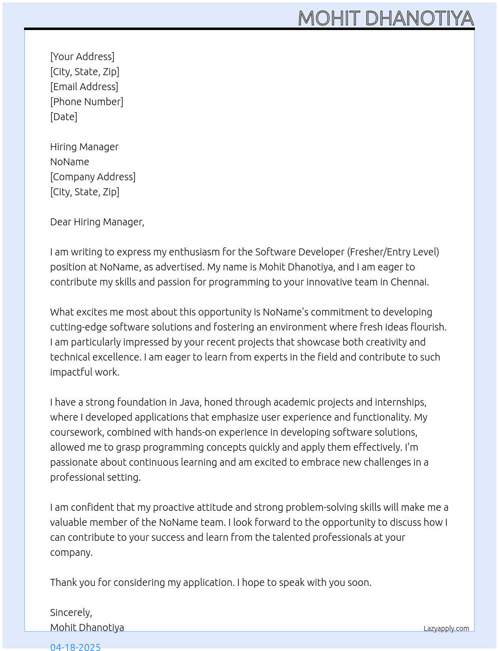 Software Developer (Fresher/Entry Level) At NoName Cover Letter