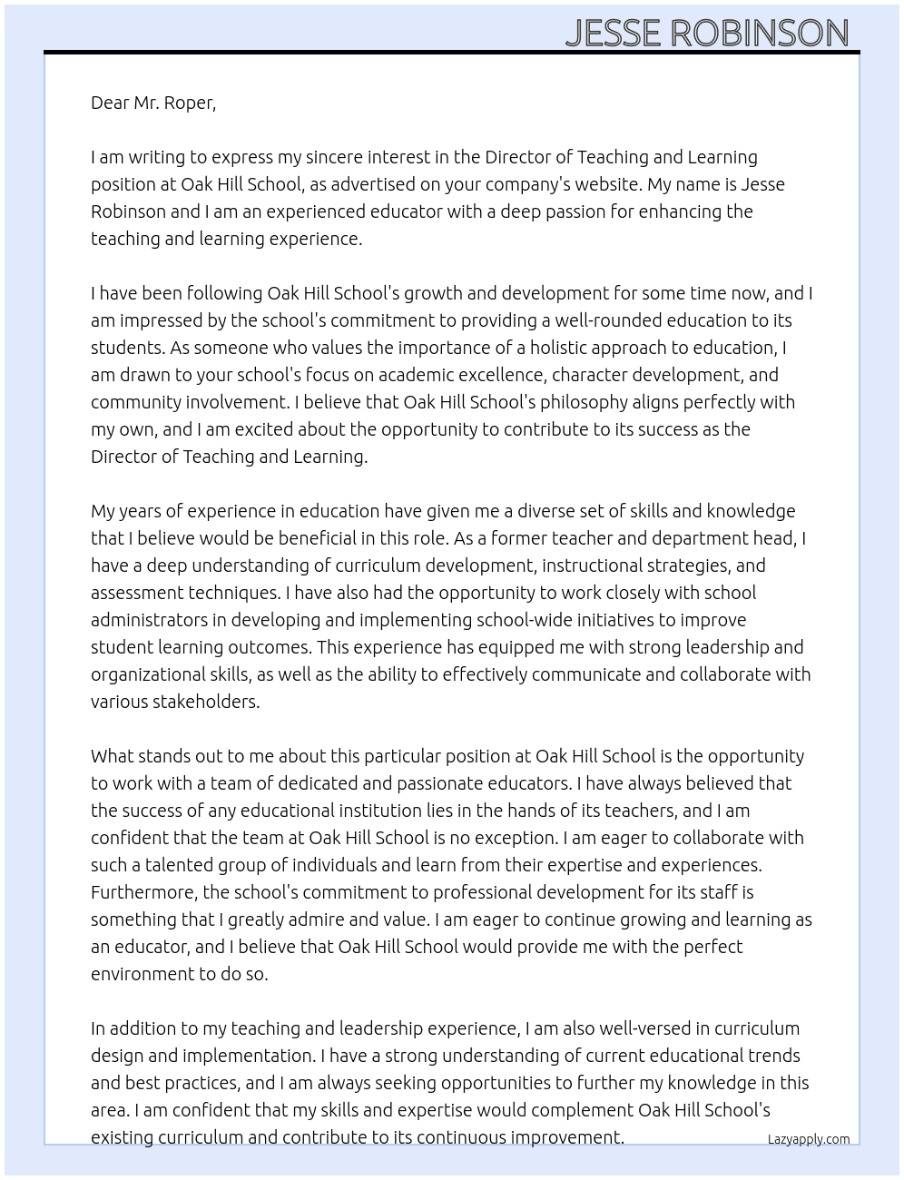 Director of Teaching and Learning  At Oak Hill School  Cover Letter