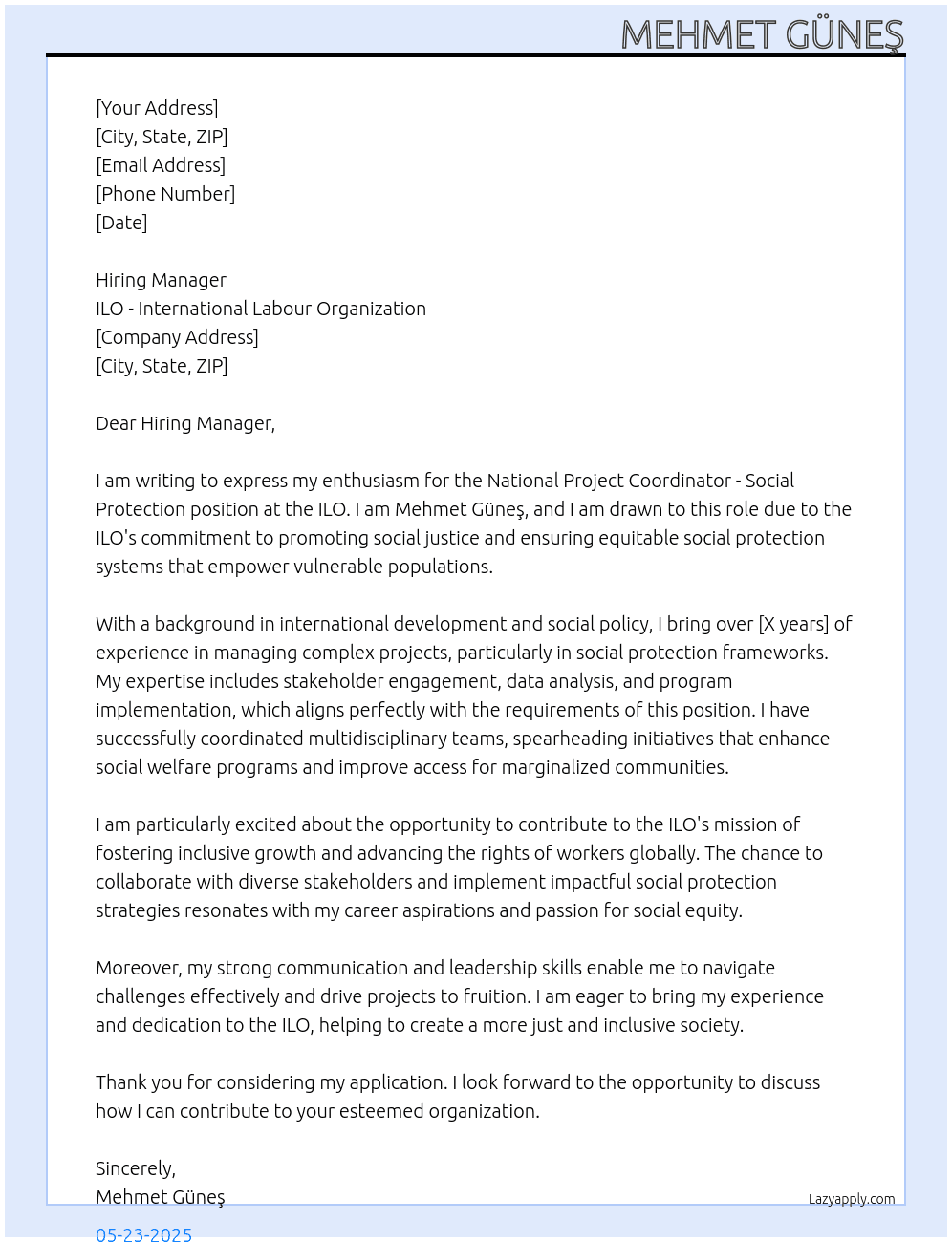 National Project Coordinator - Social Protection At ILO - International Labour Organization Cover Letter
