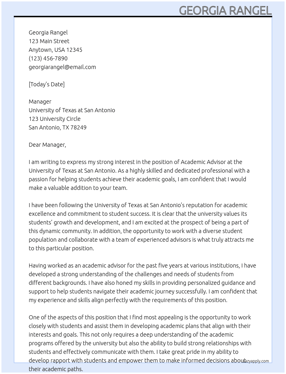 Academic Advisor At  University of Texas at San Antonio Cover Letter