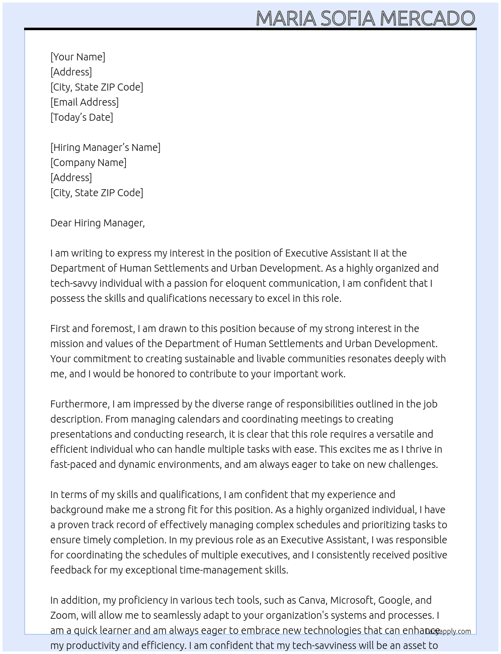 Executive Assistant II At Department of Human Settlements and Urban Development  Cover Letter